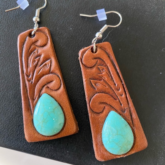 Jewelry - Hand Tooled Leather & Turquoise Earrings. Unique!!